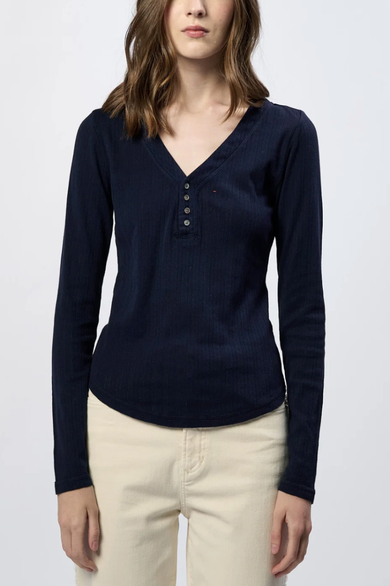 Cortado Long Sleeve Fitted Henley Top - Navy