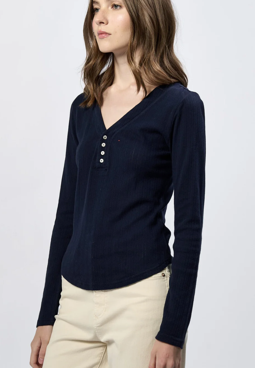 Cortado Long Sleeve Fitted Henley Top - Navy