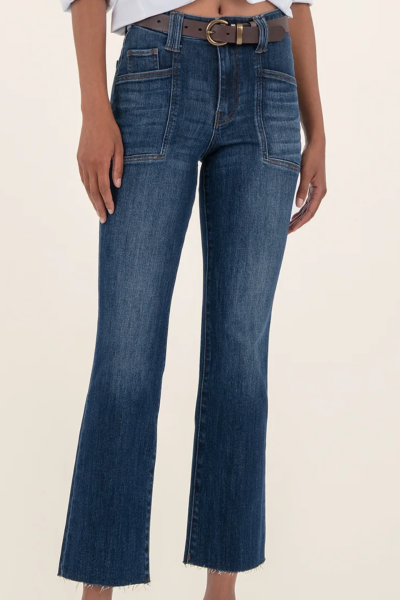Blue jeans with an ankle flare and raw hem