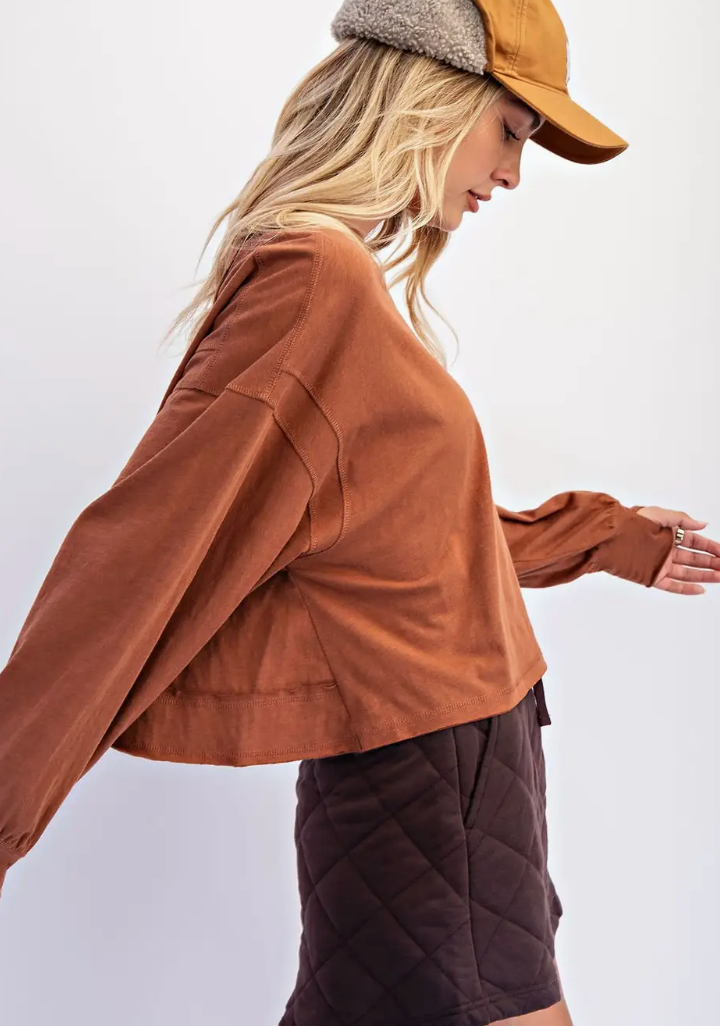 Cotton Slub Open Back Long Sleeve Top