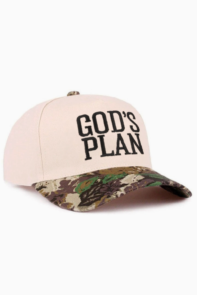 Cap with 'GOD'S PLAN' text on a white background