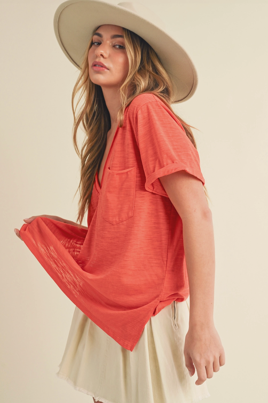 Valerie Pocket Tee - Coral