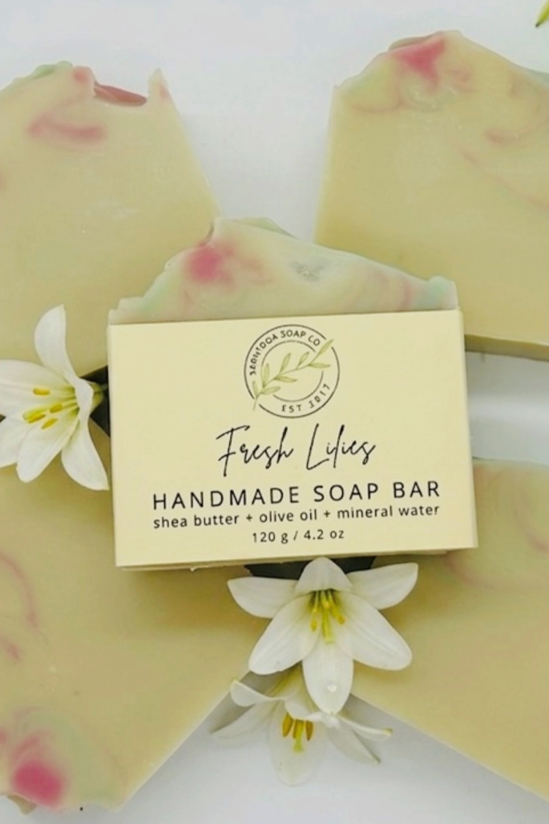 Handmade soap bar with packaging labeled &